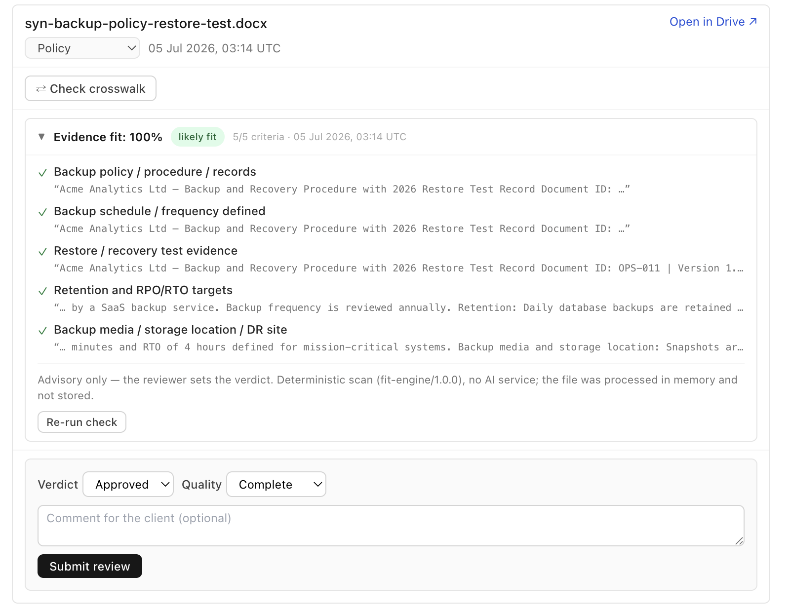 evidence-fit result: 5/5 criteria matched with quoted snippets