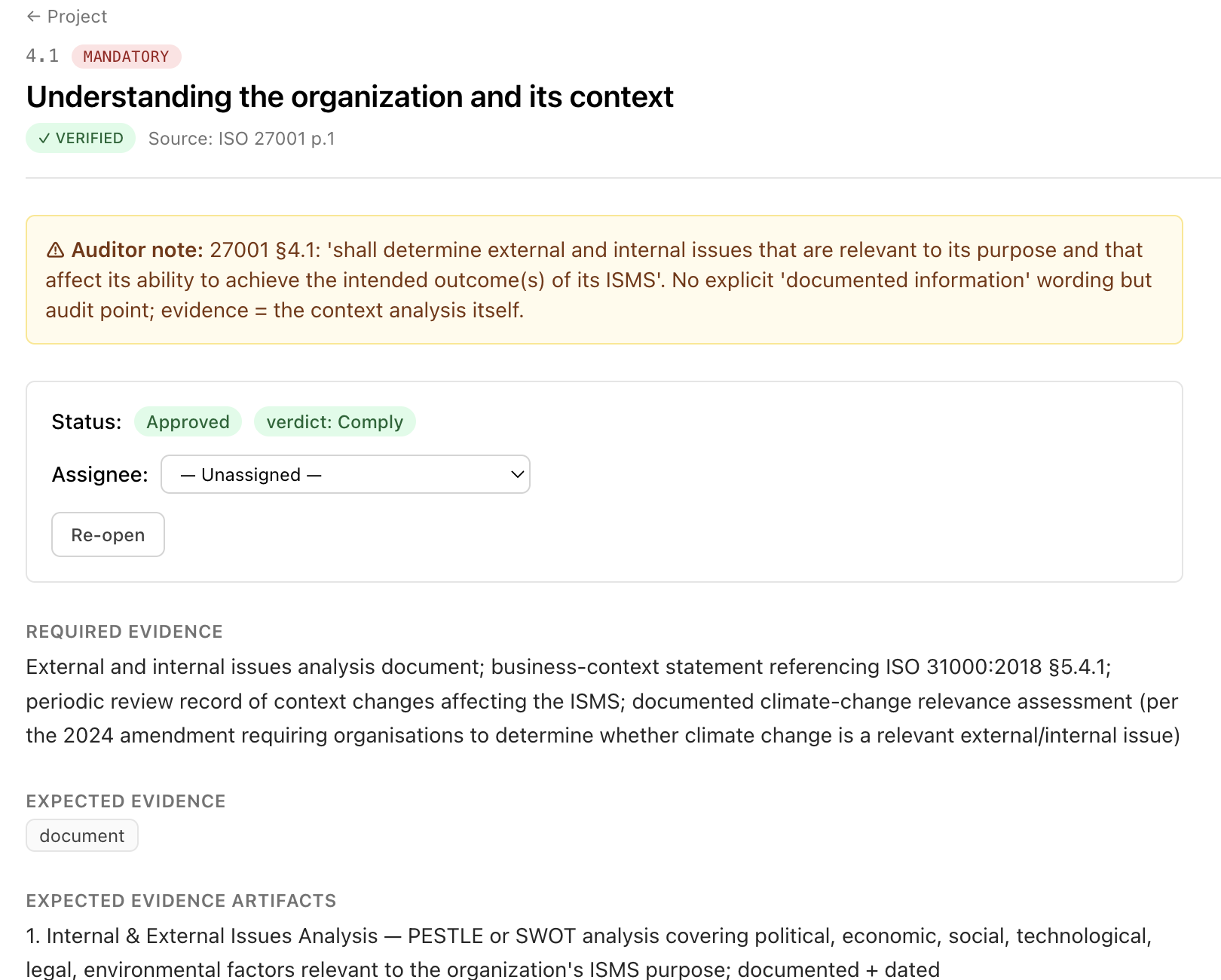 control page with auditor note, required evidence and expected artifacts