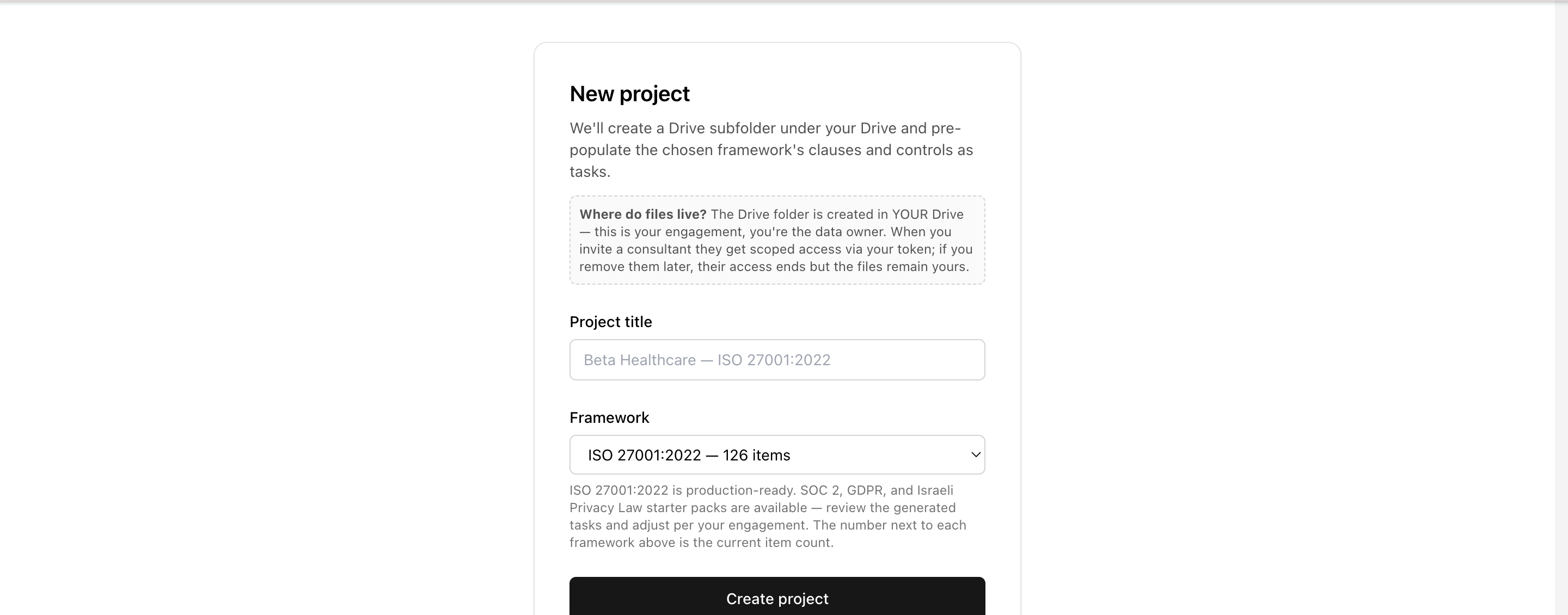 new project framework picker