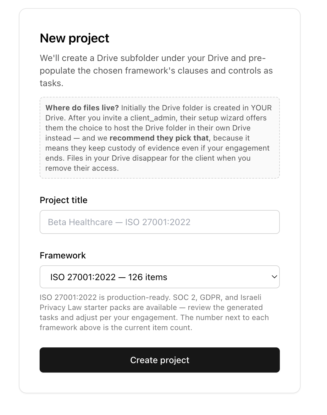 new project framework picker